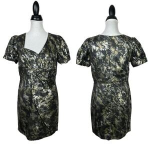 Voom by Joy Han Black Metallic Puff Sleeve Asymmetrical Neck Mini Cocktail Dress